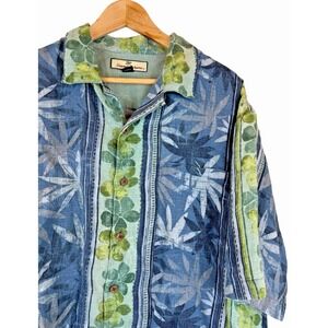 Tommy Bahama Linen Camp Shirt Men's L Blue Hawaiian Floral Relaxed Fit Luxe